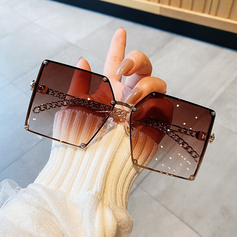 Oversize Gradient Vintage Alloy Chain Frame Rivet Square Shades