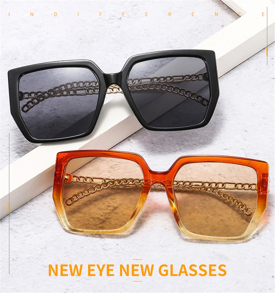 Colorblock Square Sunglasses Chain Frame Women