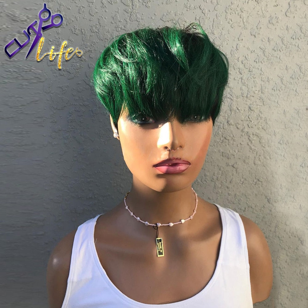 Green Pixie Short Cut  100% Human Hair Wigs No Lace Glueless Wig