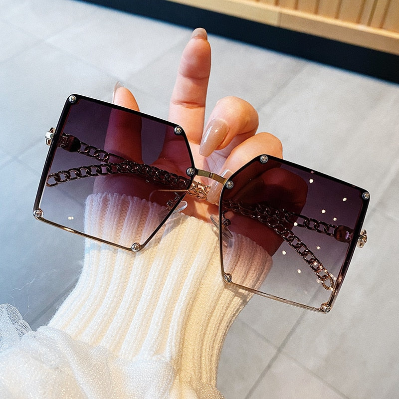 Oversize Gradient Vintage Alloy Chain Frame Rivet Square Shades