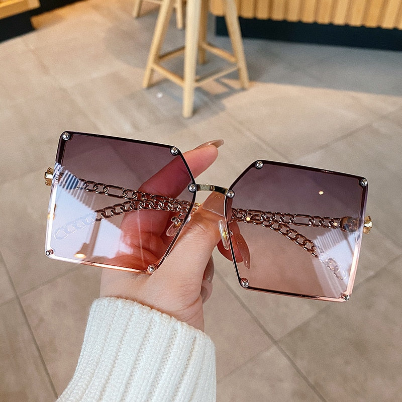 Oversize Gradient Vintage Alloy Chain Frame Rivet Square Shades