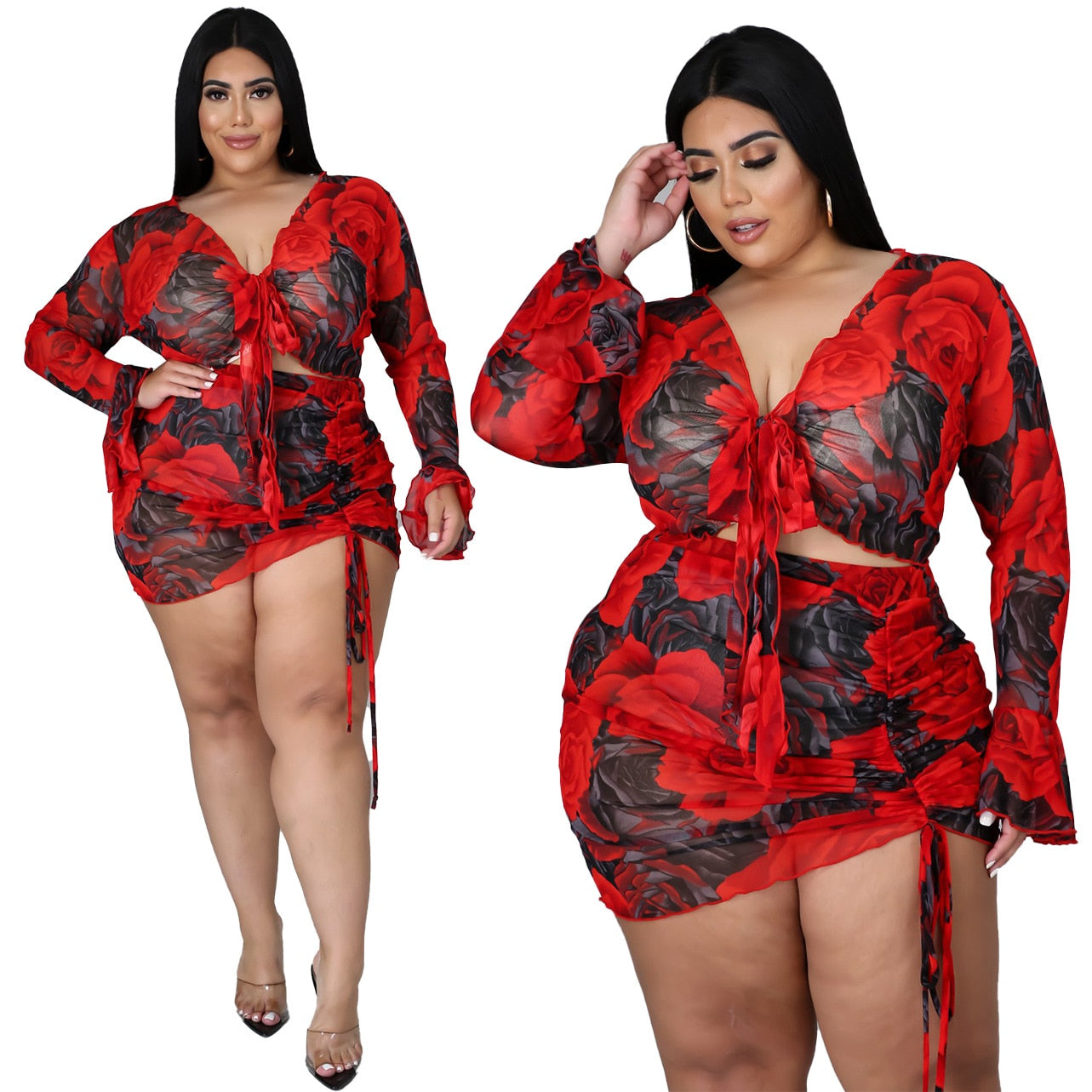 Plus Size Casual Two Piece Sets Newest O-neck Short Sleeve T-shirts + Elastic Waist A-line Mini Skirts