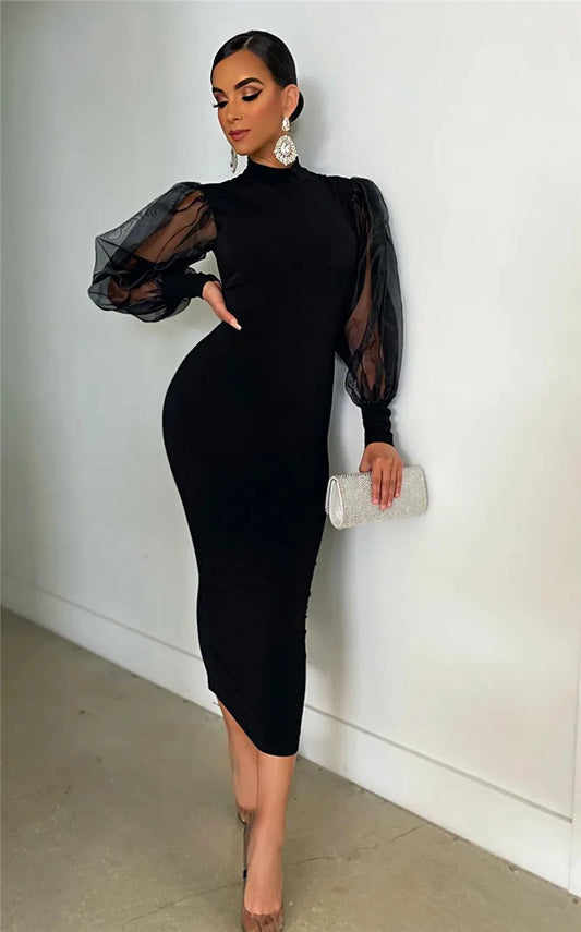 Mesh Puff Sleeve Sexy Bodycon Dress