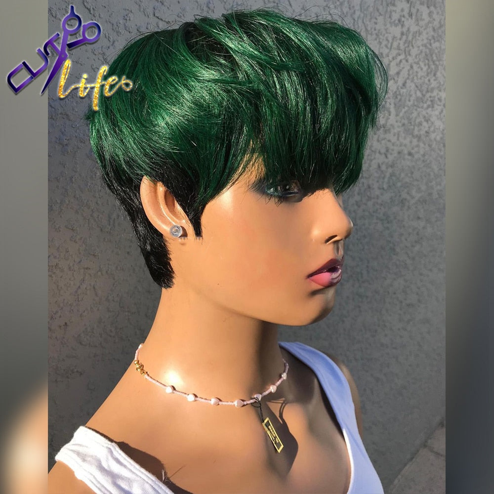 Green Pixie Short Cut  100% Human Hair Wigs No Lace Glueless Wig