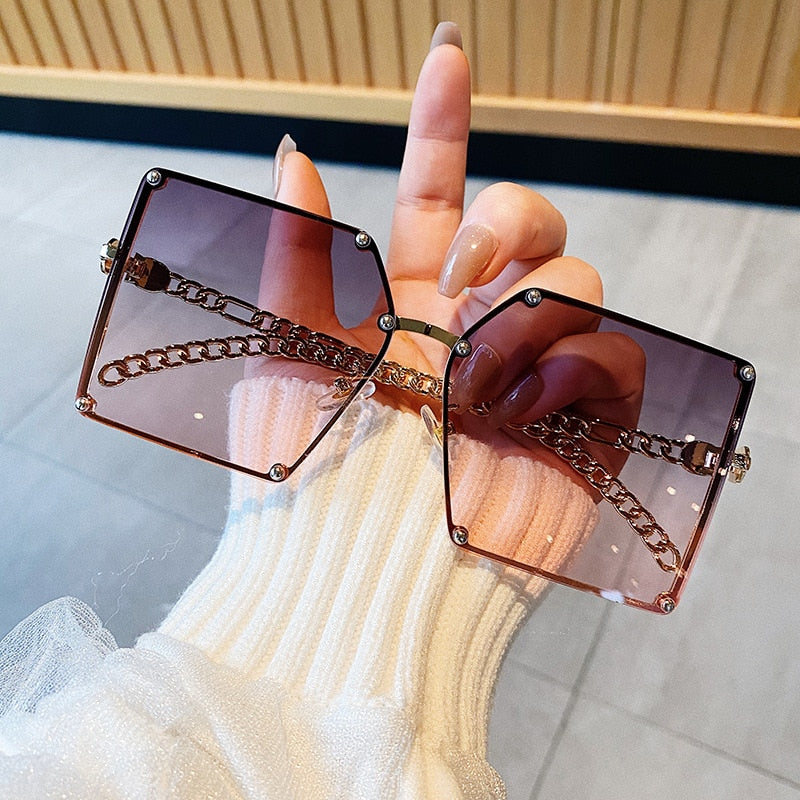 Oversize Gradient Vintage Alloy Chain Frame Rivet Square Shades