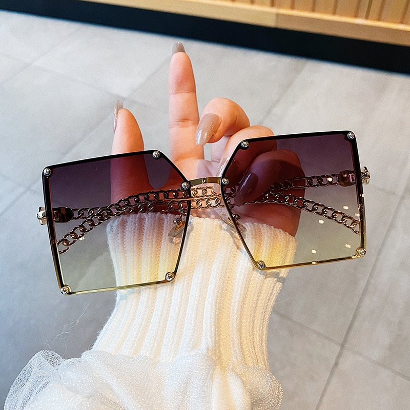 Oversize Gradient Vintage Alloy Chain Frame Rivet Square Shades