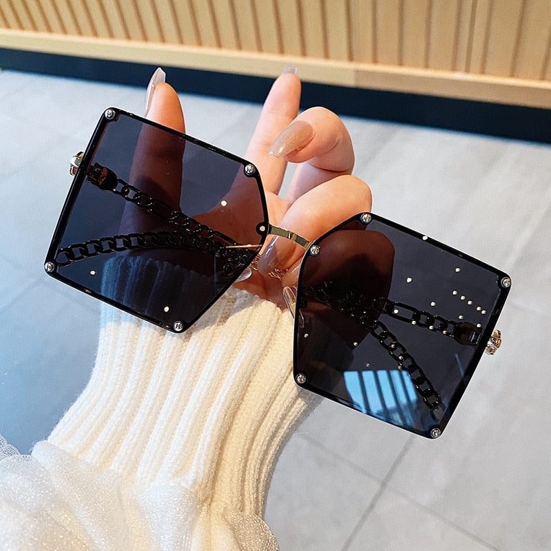 Oversize Gradient Vintage Alloy Chain Frame Rivet Square Shades