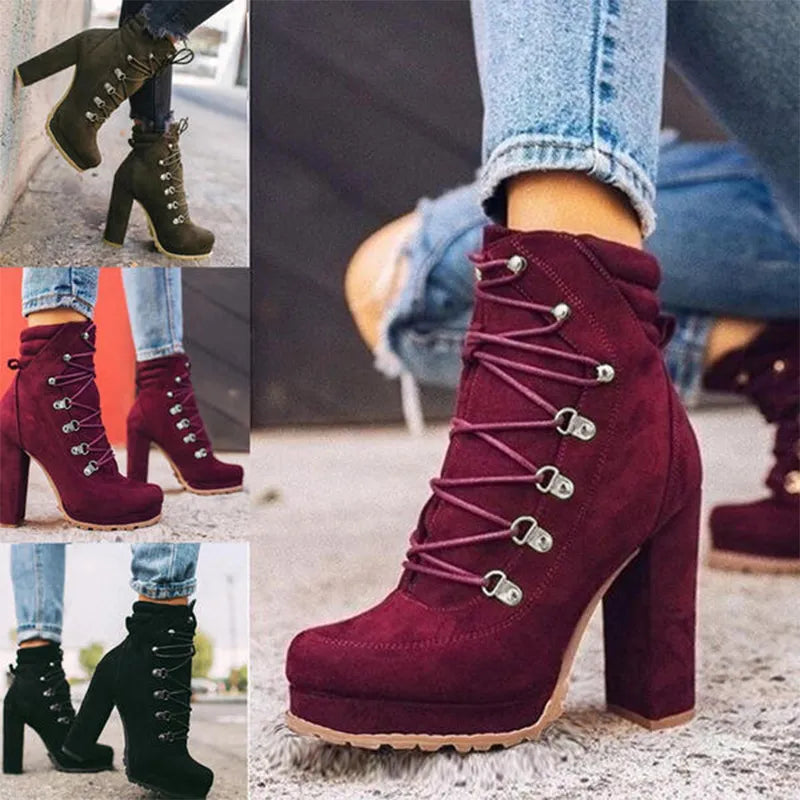 2021 Women Flock Rivet Square High Heels Ankle Boots Female Autumn Fashion Lace-Up Shoes Ladies Elegant Sexy Footwear Big Size