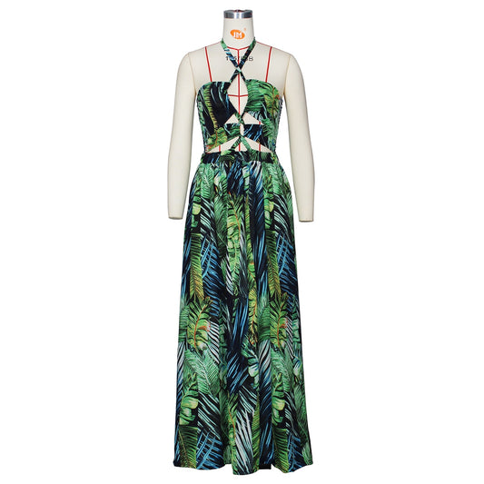 Leaf Print Lace Up Hollow Out Sexy Sleeveless Maxi Dress