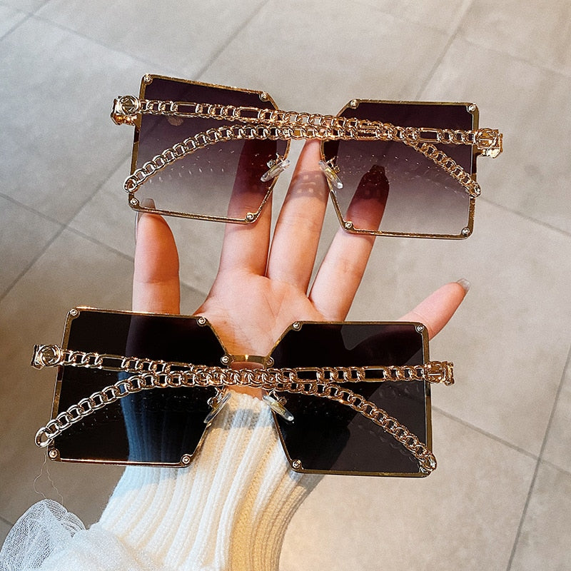 Oversize Gradient Vintage Alloy Chain Frame Rivet Square Shades