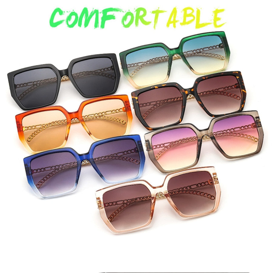 Colorblock Square Sunglasses Chain Frame Women