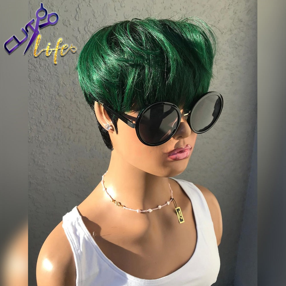 Green Pixie Short Cut  100% Human Hair Wigs No Lace Glueless Wig