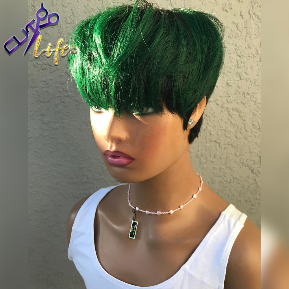 Green Pixie Short Cut  100% Human Hair Wigs No Lace Glueless Wig