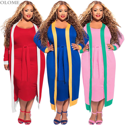 Stripes Patchwork Two Pieces Dress Set Sash Long Sleeves Coat Sexy Bodycon Dresses