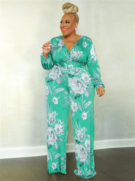 Romper with Belt Flower Print Long Sleeve Wide Leg