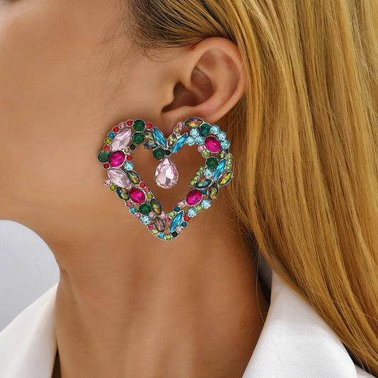 Heart Crystal Big Stud Earrings Boho