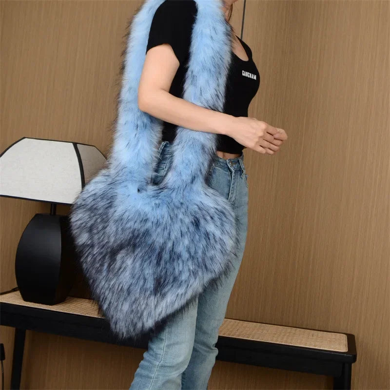 Faux Fur Plush Ladies Heart Shaped Messenger Bag