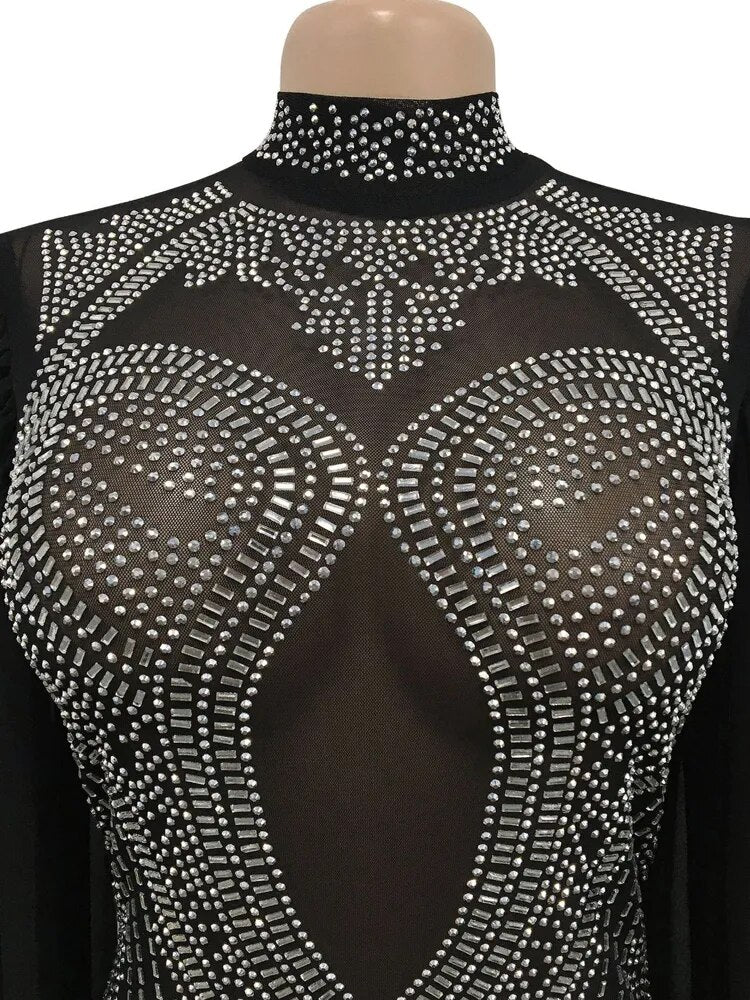 Rhinestones Mesh Long Sleeve Crystal Jumpsuits