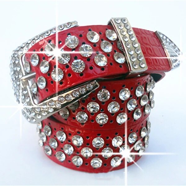 wide cowhide hollowed-out rhinestone inlaid belt