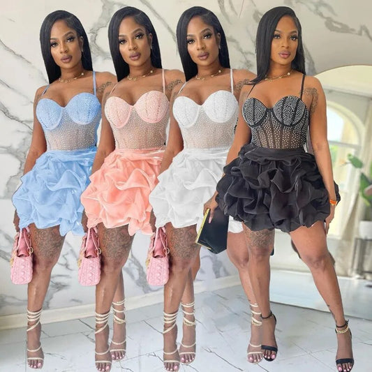 Diamonds Sheer Mesh Patchwork Ruffles Mini  Dress