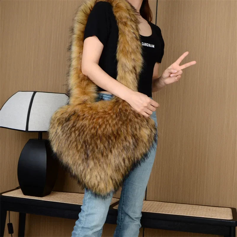 Faux Fur Plush Ladies Heart Shaped Messenger Bag