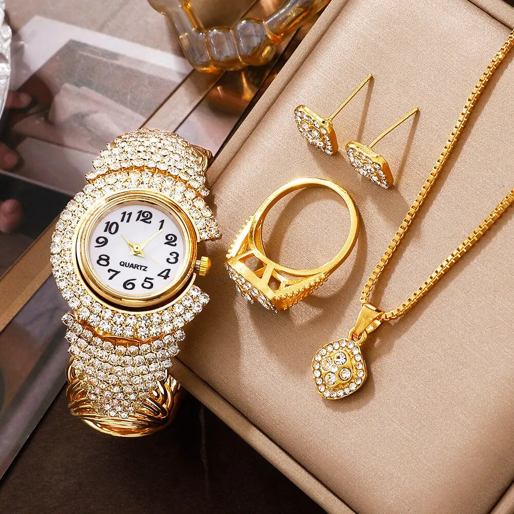 5 PCs Gold Watch set with Rhinestones