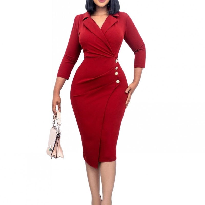 Women Three Quarter Sleeve Sexy V-Neck Slim Midi Dress