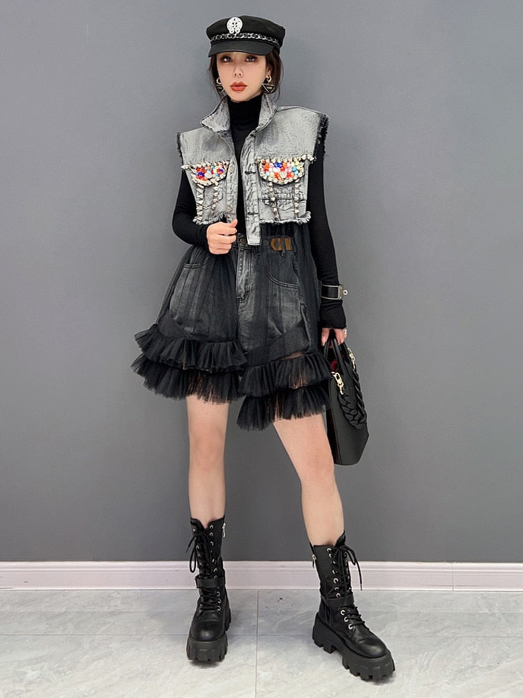 Sleeveless Denim Vest Coat Loose Mesh Splicing Jacket