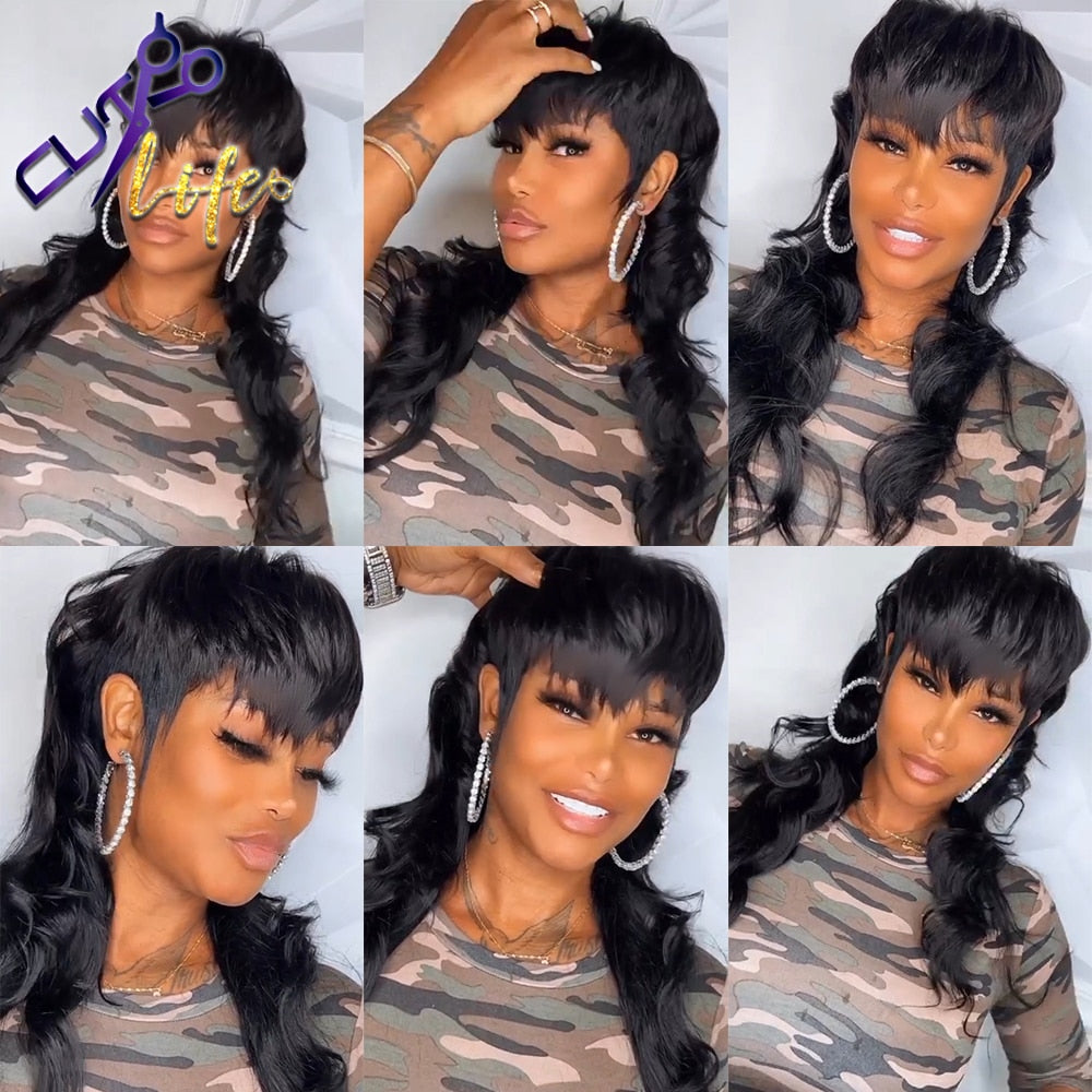 Full Machine Made Wig With Bangs Mullet  Body Wave Glueless Brazilian