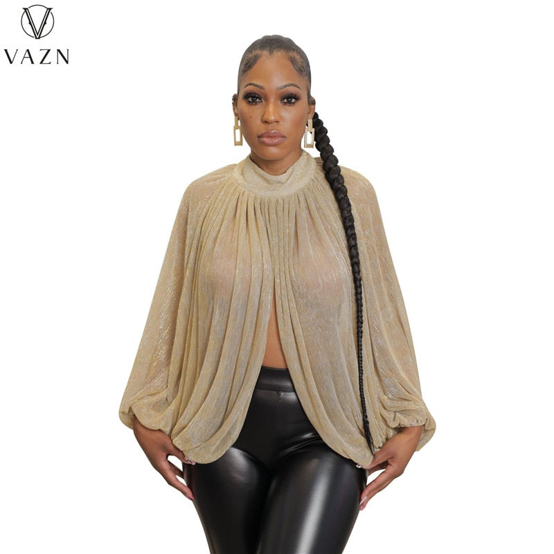 Chiffon See Through Lace Turtleneck Full Sleeve Women Loose Asymmetrical