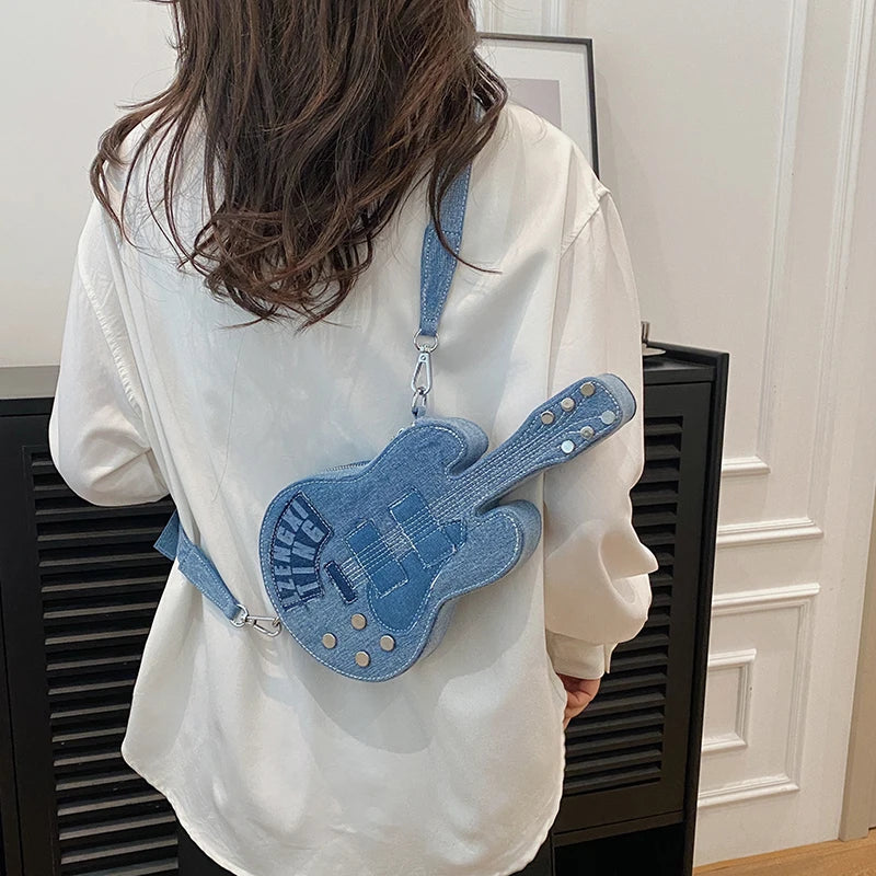 Denim One Shoulder  Guitar Shaped Creative Bag