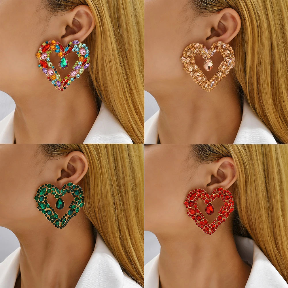 Heart Crystal Big Stud Earrings Boho