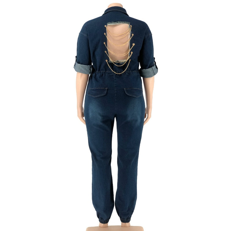 Plus Size Women Jean Jumpsuit Backless Chain