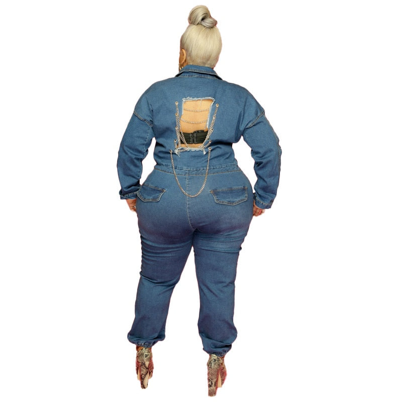 Plus Size Women Jean Jumpsuit Backless Chain