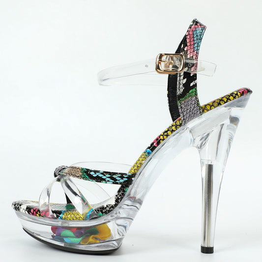 Women Summer Snakeskin Sexy Versatile Colorful High Heel Sandals