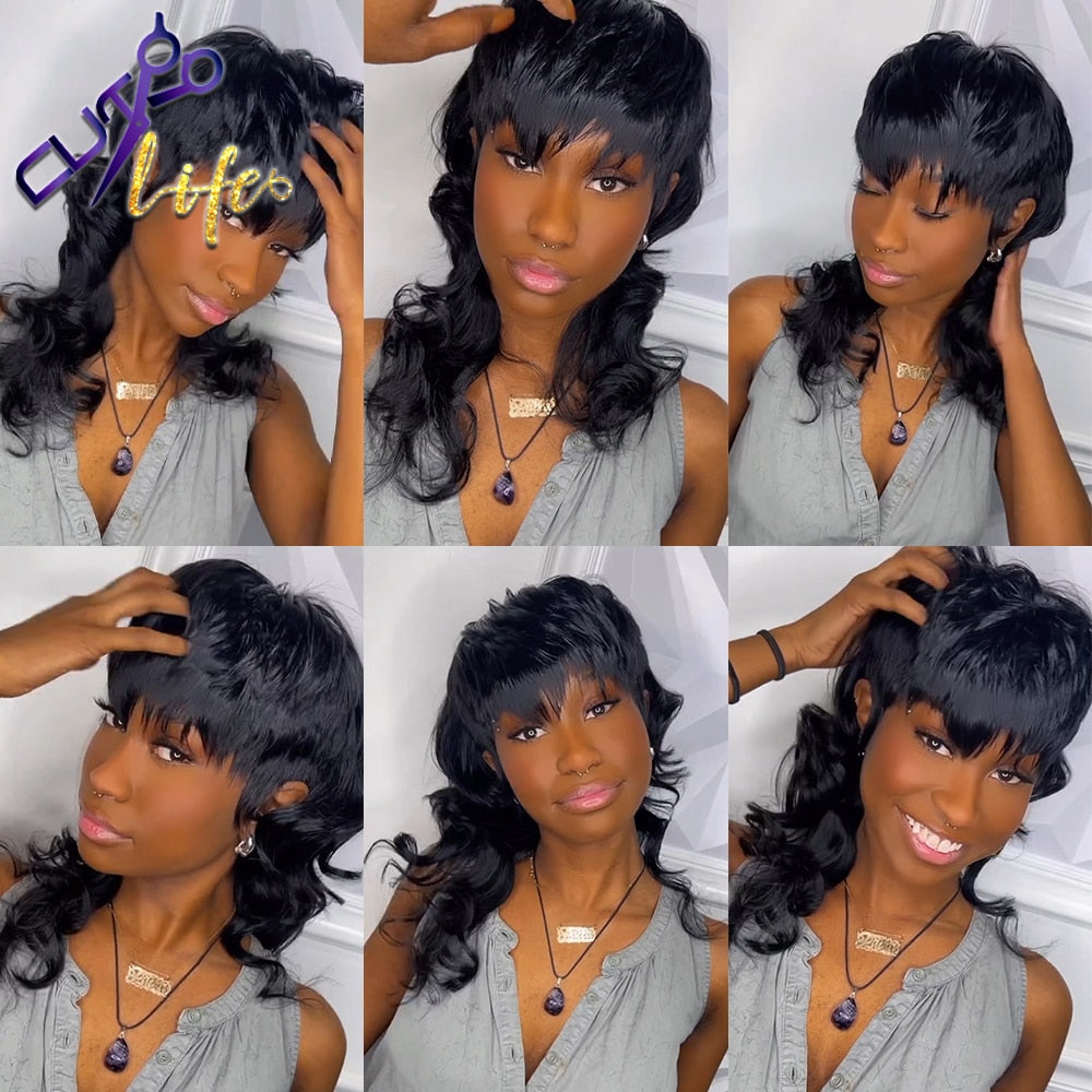 Full Machine Made Wig With Bangs Mullet  Body Wave Glueless Brazilian