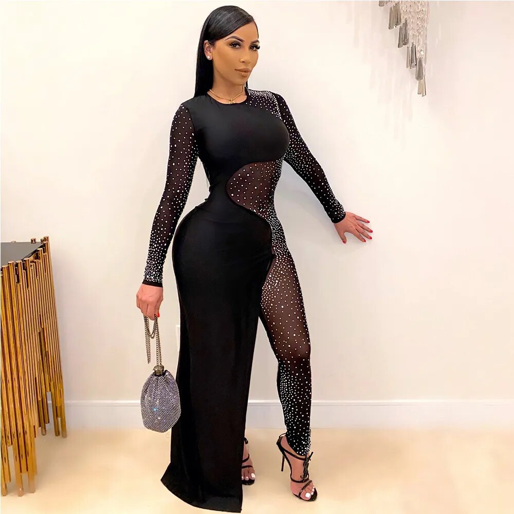 Rhinestones Mesh See Through Style Jumpsuit