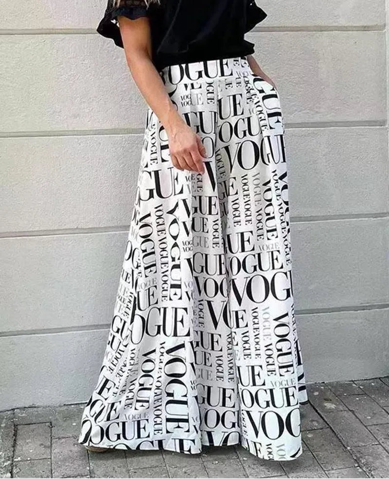 Letter Print High Waist Pocket Elastic Wide Leg Pants