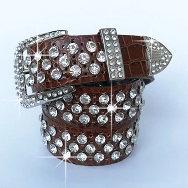 wide cowhide hollowed-out rhinestone inlaid belt