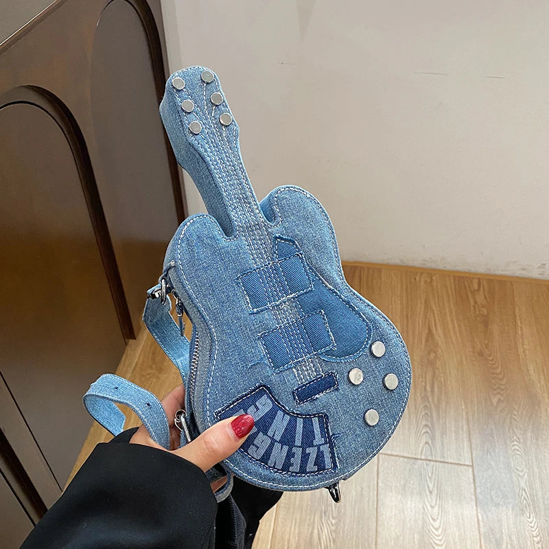 Denim One Shoulder  Guitar Shaped Creative Bag