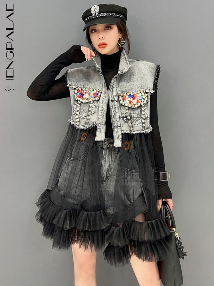 Sleeveless Denim Vest Coat Loose Mesh Splicing Jacket