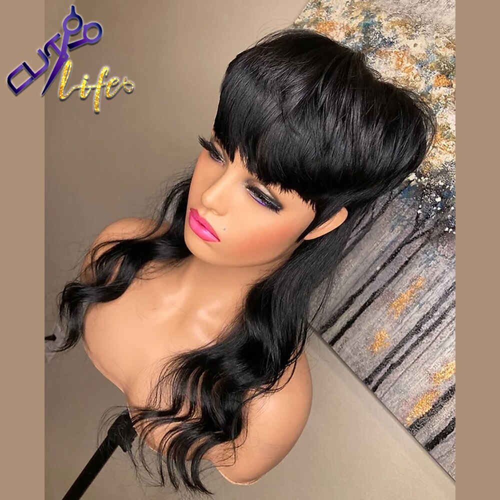 Full Machine Made Wig With Bangs Mullet  Body Wave Glueless Brazilian