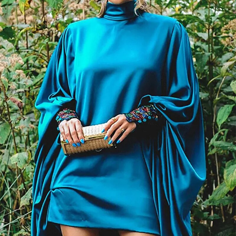 Vintage Elegant Blue Dress Loose Batwing Sleeves