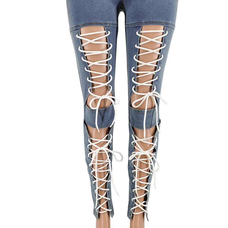 Jeans Hollow Out Bottoms Eyelet Lace Up Women Denim Pants