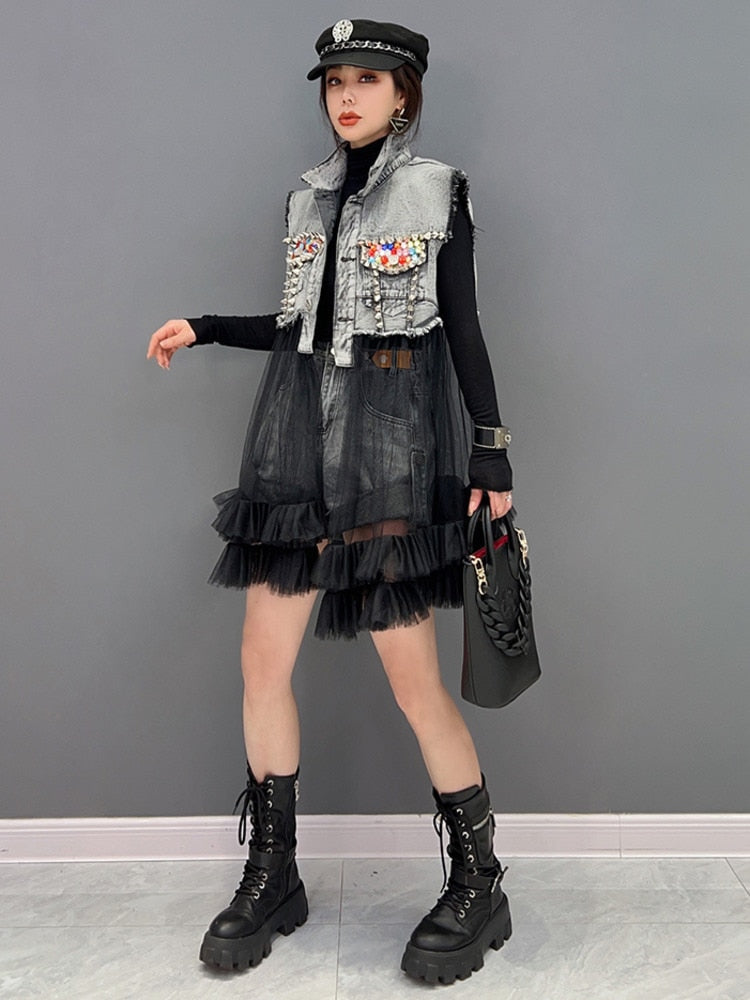 Sleeveless Denim Vest Coat Loose Mesh Splicing Jacket