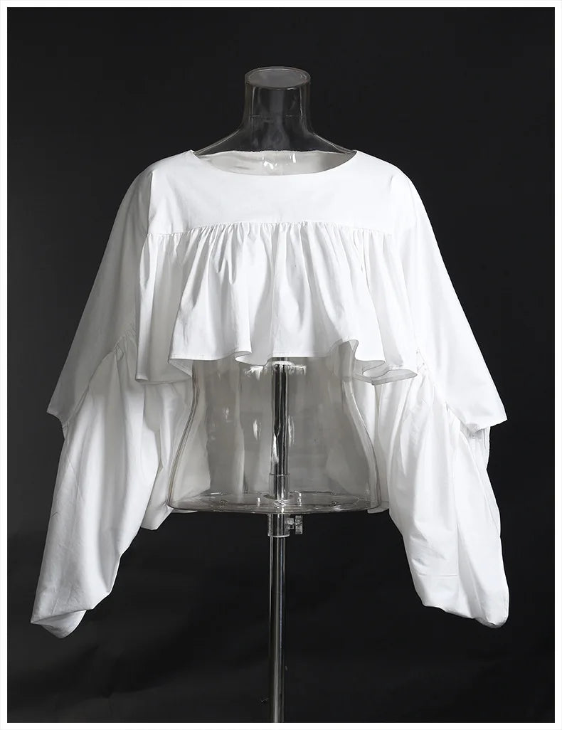 White Chiffon Asymmetrical Style Round Neck  Loose Shirt