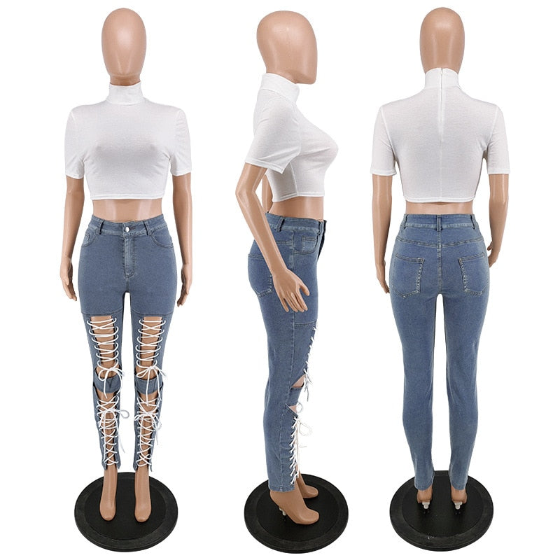 Jeans Hollow Out Bottoms Eyelet Lace Up Women Denim Pants