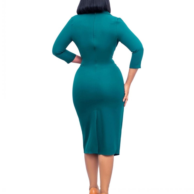 Women Three Quarter Sleeve Sexy V-Neck Slim Midi Dress