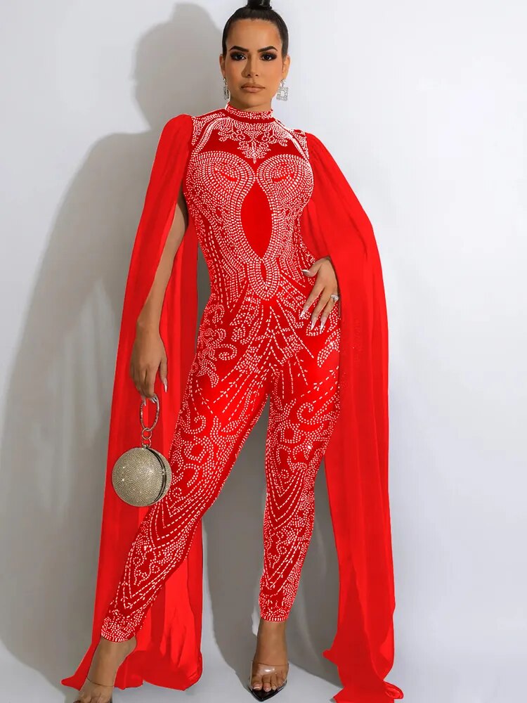 Rhinestones Mesh Long Sleeve Crystal Jumpsuits