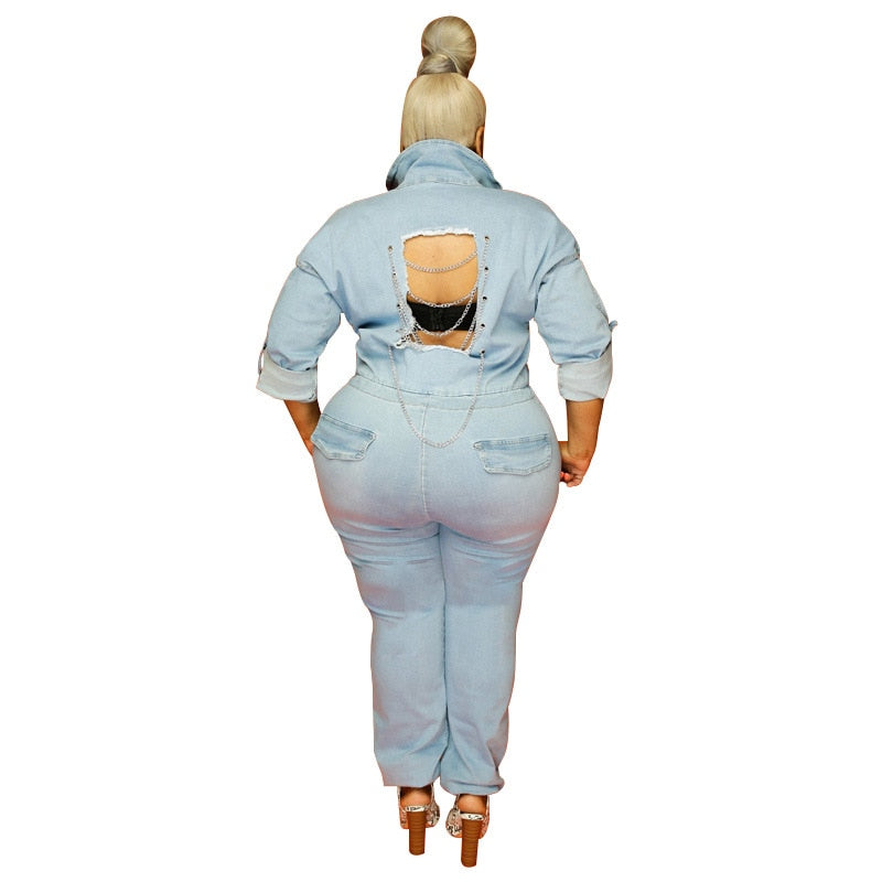 Plus Size Women Jean Jumpsuit Backless Chain